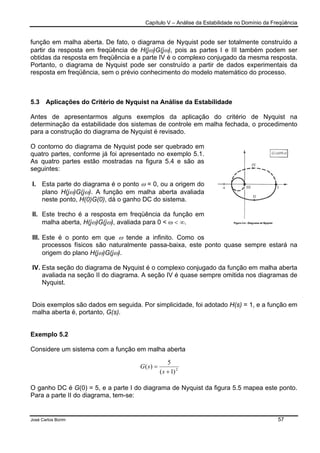 Capítulo V – Análise da Estabilidade no Domínio da Freqüência
José Carlos Borim 57
função em malha aberta. De fato, o diagrama de Nyquist pode ser totalmente construído a
partir da resposta em freqüência de H(jω)G(jω), pois as partes I e III também podem ser
obtidas da resposta em freqüência e a parte IV é o complexo conjugado da mesma resposta.
Portanto, o diagrama de Nyquist pode ser construído a partir de dados experimentais da
resposta em freqüência, sem o prévio conhecimento do modelo matemático do processo.
5.3 Aplicações do Critério de Nyquist na Análise da Estabilidade
Antes de apresentarmos alguns exemplos da aplicação do critério de Nyquist na
determinação da estabilidade dos sistemas de controle em malha fechada, o procedimento
para a construção do diagrama de Nyquist é revisado.
O contorno do diagrama de Nyquist pode ser quebrado em
quatro partes, conforme já foi apresentado no exemplo 5.1.
As quatro partes estão mostradas na figura 5.4 e são as
seguintes:
I. Esta parte do diagrama é o ponto ω = 0, ou a origem do
plano H(jω)G(jω). A função em malha aberta avaliada
neste ponto, H(0)G(0), dá o ganho DC do sistema.
II. Este trecho é a resposta em freqüência da função em
malha aberta, H(jω)G(jω), avaliada para 0 < ω < ∞.
III. Este é o ponto em que ω tende a infinito. Como os
processos físicos são naturalmente passa-baixa, este ponto quase sempre estará na
origem do plano H(jω)G(jω).
IV. Esta seção do diagrama de Nyquist é o complexo conjugado da função em malha aberta
avaliada na seção II do diagrama. A seção IV é quase sempre omitida nos diagramas de
Nyquist.
Dois exemplos são dados em seguida. Por simplicidade, foi adotado H(s) = 1, e a função em
malha aberta é, portanto, G(s).
Exemplo 5.2
Considere um sistema com a função em malha aberta
O ganho DC é G(0) = 5, e a parte I do diagrama de Nyquist da figura 5.5 mapea este ponto.
Para a parte II do diagrama, tem-se:
2
)1(
5
)(
+
=
s
sG
 