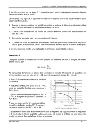 Capítulo V – Análise da Estabilidade no Domínio da Freqüência
José Carlos Borim 61
A freqüência crítica, ω1 na figura 5.7, é definida como sendo a freqüência na qual a fase da
função em malha aberta é -180°.
Observando-se a figura 5.7, algumas considerações sobre o critério de estabilidade de Bode
podem ser formuladas:
1. Quando o ganho é unitário na freqüência crítica, o sistema é dito marginalmente estável
e produz uma oscilação de amplitude constante na saída.
2. O sinal (-) no comparador da malha de controle também produz um deslocamento de
fase de –180°.
3. Se o ganho for maior que 1 em ωc o sistema é instável.
4. O critério de Bode só pode ser aplicado em sistemas que exibem uma única freqüência
crítica, que é a maioria dos casos. Nos outros casos deve-se aplicar o critério de Nyquist.
O próximo exemplo mostra uma aplicação do critério de estabilidade de Bode.
Exemplo 5.5
Deseja-se avaliar a estabilidade de um sistema de controle em que a função em malha
aberta é dada por
As constantes de tempo e o atraso têm unidades de minuto. O sistema em questão é de
primeira ordem, com um pólo em s = -0,2 e um atraso puro de tempo de 1 minuto.
A figura 5.8 apresenta o diagrama de Bode
do sistema.
A freqüência crítica, em que a fase é -180°,
pode ser extraída do diagrama, sendo ωc =
1,69 rd/min.
O ganho do sistema nesta freqüência é Kc =
0,235. A margem de ganho é, portanto 1 /
Kc = 4,255.
A fase em que o ganho é 1, pode ser obtida
do gráfico de Bode, sendo -86°. A margem
de fase é, portanto, de 180° - 86° = 94°.
O diagrama de Bode trás mais informações que o diagrama de Nyquist porque a freqüência
ω é mostrada de forma explícita. Adicionalmente, ele facilita a análise em um faixa mais
ampla, por causa da escala logarítmica na abscissa.
15
8
)()(
+
=
−
s
e
sGsH
s
 