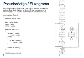 16
Pseudocódigo / FluxogramaPseudocódigo / Fluxograma
Algoritmo que encontra o maior e o menor número digitado no
teclado. Quando é digitado o número 0, o processamento é
interrompido e são escritos na tela os números encontrados.
encontraMaiorMenor()
{
int maior, menor, valor;
valor = leTeclado();
maior = valor;
menor = valor;
enquanto (valor != 0)
{
se (valor > maior)
maior = valor;
senão
{
se (valor < menor)
menor = valor;
}
valor = leTeclado();
}
imprima(maior, menor);
}
 