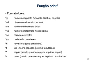 38
Função printfFunção printf
- Formatadores:
%f número em ponto flutuante (float ou double)
%d número em formato decimal
%o número em formato octal
%x número em formato hexadecimal
%c caractere simples
%s cadeia de caracteres
n nova linha (pula uma linha)
t tab (insere espaços de uma tabulação)
" aspas (usado quando se quer imprimir aspas)
 barra (usado quando se quer imprimir uma barra)
 
