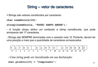 61
String – vetor de caracteresString – vetor de caracteres
Strings são vetores constituídos por caracteres:
char nomeEscola[18];
strcpy(nomeEscola, "FATEC SANTO ANDRE");
- A função strcpy atribui um conteúdo a string nomeEscola, que pode
armazenar até 17 caracteres.
- Strings são SEMPRE terminadas com o caracter nulo: 0. Portanto, devem ter
uma posição a mais que a quantidade de caracteres armazenados:
- Uma string pode ser inicializada em sua declaração:
char produto[15] = "Computador";
 