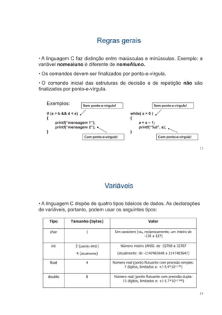 Regras geraisRegras gerais
• A linguagem C faz distinção entre maiúsculas e minúsculas. Exemplo: ag g ç p
variável nomealuno é diferente de nomeAluno.
• Os comandos devem ser finalizados por ponto-e-vírgula.
• O comando inicial das estruturas de decisão e de repetição não são
finalizados por ponto-e-vírgula.
Exemplos: Sem ponto-e-vírgula! Sem ponto-e-vírgula!
if (a > b && d < e) while( a > 0 )
{ {
printf(“mensagem 1”); a = a – 1;
printf(“mensagem 2”); printf(“%d”, a);
} }
Com ponto-e-vírgula! Com ponto-e-vírgula!
23
VariáveisVariáveis
• A linguagem C dispõe de quatro tipos básicos de dados. As declaraçõesg g p q p ç
de variáveis, portanto, podem usar os seguintes tipos:
ValorTamanho (bytes)Tipo
Um caractere (ou, reciprocamente, um inteiro de
-128 a 127)
1char
ValorTamanho (bytes)Tipo
Número inteiro (ANSI: de -32768 a 32767
(atualmente: de -2147483648 a 2147483647)
2 (padrão ANSI)
4 (atualmente)
int
)
Número real (ponto flutuante com precisão simples:
7 dígitos, limitados a: +/-3.4*10+/-38)
4float
(atualmente: de 2147483648 a 2147483647)4 (atualmente)
Número real (ponto flutuante com precisão dupla:
15 dígitos, limitados a: +/-1.7*10+/-308)
8double
24
 
