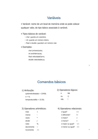 VariVariááveisveis
• Variável: nome de um local de memória onde se pode colocar
á à áqualquer valor, do tipo básico associado à variável.
• Tipos básicos de variável:• Tipos básicos de variável:
– char: guarda um caractere.
– int: guarda um número inteiro.g
– float e double: guardam um número real.
• Exemplos:p
char primeiraLetra;
int anoFabricacao;
float velocidadeCarro;
double velocidadeLuz;
5
Comandos bComandos báásicossicos
2) Operadores lógicos:1) Atribuição: ) p g
e &&
ou ||
1) Atribuição:
quilometroRodado = 23458;
a = b;
não !temperaturaAlta = 23.56;
3) Operadores aritméticos:
mais +
4) Operadores relacionais:
é igual? ==mais +
menos -
vezes *
é igual? ==
é diferente? !=
é maior? >
dividir /
resto %
é menor? <
é maior ou igual? >=
é
6
decrementa --
incrementa ++
é menor ou igual? <=
 