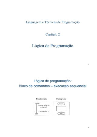 Linguagem e Técnicas de Programação
C í l 2Capítulo 2
Lógica de ProgramaçãoLógica de Programaçãog g çg g ç
7
Lógica de programação:Lógica de programação:g p g çg p g ç
Bloco de comandosBloco de comandos –– execução sequencialexecução sequencial
Pseudocógido Fluxograma
8
 