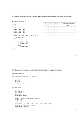 11) Qual o resultado do programa abaixo, para cada sequência de dados de entrada.11) Qual o resultado do programa abaixo, para cada sequência de dados de entrada.
#include <stdio.h>
main()
{
int a, b, c;
Sequência digitada Letra escrita na
tela
7 3 4
scanf("%d", &a);
scanf("%d", &b);
scanf("%d", &c);
8 4 1
2 2 2
if((a == 7 || b != 2) && c < 4)
printf("X");
else
{{
if (a%b == 0)
printf("Y");
else
printf("Z");printf( Z );
}
}
97
12) O que será impresso na tela após a execução do programa abaixo:
#include <stdio.h>
int f1(int a, int b, int *c, int *d)
{
a = 15;
b = *c;
*c = *d;
return b + a;return b + a;
}
int main(void)
{
int var1 = 1;
int var2 = 2;
int var3 = 3;
int var4 = 4;
fl 5 6float var5, var6;
var4 = f1(var1, var2, &var3, &var4);
var5 = 2.5;
var6 = 5 7;var6 = 5.7;
printf("%d - %d - %d - %dn", var1, var2, var3, var4);
printf("%.1fn", var6 - var5);
puts("var4 – var2");
98
p
return 0;
}
 