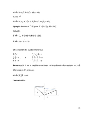 13
    22112121 ,, bababbaaBA 

Y para R3
    332211321321 ,,,, babababbbaaaBA 

Ejemplo: Encontrar ML

 para  3,2 L

y  8,7M

Solución.
         
102414
83728,73,2


ML
ML


Observación: Se puede obtener que
1ˆˆ
1ˆˆ
1ˆˆ



kk
jj
ii
Y
0ˆˆˆˆ
0ˆˆˆˆ
0ˆˆˆˆ



ikki
jkkj
ijji
Teorema.- Si  es la medida en radianes del ángulo entre los vectores A

y B

diferentes de O

, entonces
cosBABA


Demostración.
 