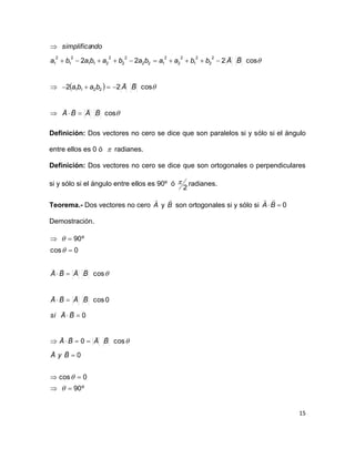 15
 



cos
cos22
cos222
2211
2
2
2
1
2
2
2
122
2
2
2
211
2
1
2
1
BABA
BAbaba
BAbbaababababa
ndosimplifica







Definición: Dos vectores no cero se dice que son paralelos si y sólo si el ángulo
entre ellos es 0 ó  radianes.
Definición: Dos vectores no cero se dice que son ortogonales o perpendiculares
si y sólo si el ángulo entre ellos es 90º ó
2
 radianes.
Teorema.- Dos vectores no cero A

y B

son ortogonales si y sólo si 0BA

Demostración.
º90
0cos
0
cos0
0
0cos
cos
0cos
º90















ByA
BABA
BAsi
BABA
BABA





 