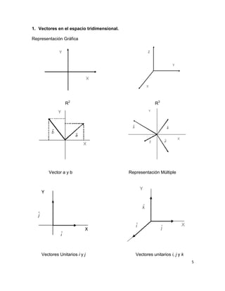 5
1. Vectores en el espacio tridimensional.
Representación Gráfica
R2
R3
Vector a y b Representación Múltiple
Vectores Unitarios i y j Vectores unitarios i, j y k
 