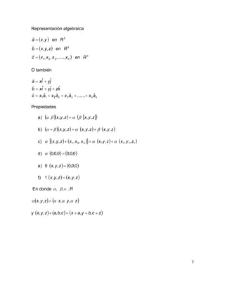 7
Representación algebraica
 
 
  n
n Renxxxxc
Renzyxb
Renyxa
,.....,,,
,,
,
321
3
2






O también
nnaxaxaxaxc
kzjyixb
jyixa
ˆ......ˆˆˆ
ˆˆˆ
ˆˆ
332211 





Propiedades
a)      zyxzyx ,,,,  
b)       zyxzyxzyx ,,,,,,  
c)         111321 ,,,,,,,, zyxzyxxxxzyx  
d)    0,0,00,0,0 
e)    0,0,0,,0 zyx
f)    zyxzyx ,,,,1 
En donde R,,, 
   zyxzyx  ,,,, 
y      zcbyaxcbazyx  ,,,,,,
 