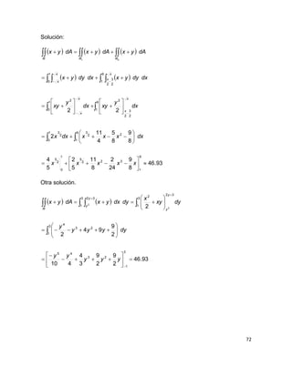 72
Solución:
     
   
93.46
8
9
24
2
8
11
5
2
5
4
8
9
8
5
4
11
2
22
9
1
322
5
1
0
2
5
1
0
9
1
22
3
2
3
9
1
2
3
2
2
1
0
2
1
0
9
1
2
3
2
21





























 

  



xxxxx
dxxxxdxx
dx
y
xydx
y
xy
dxdyyxdxdyyx
dAyxdAyxdAyx
x
x
x
x
x
x
x
x
RRR
Otra solución.
   
93.46
2
9
2
9
3
4
410
2
9
94
2
2
3
1
23
45
3
1
23
4
3
1
32
2
3
1
32
2
2



























 
yyy
yy
dyyyy
y
dyxy
x
dydxyxdAyx
y
y
y
y
R
 