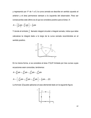 87
y regresando por P de 1 a 0, la curva cerrada se describe en sentido opuesto al
anterior y el área permanece siempre a la izquierda del observador. Para ser
consecuentes este último es el que se considera positivo para el área A:
 



  ydxydxydxA
PS
0
1
1
0
Y donde el símbolo  llamado integral circuital o integral cerrada, indica que debe
calcularse la integral dada a lo largo de la curva cerrada recorriéndola en el
sentido positivo.
En la misma forma, si se considera el área RQP ,, limitada por tres curvas cuyas
ecuaciones sean conocidas, tendremos:
 2......321
321

 




 

ydxydxydxydxA
ydxydxydxydxA
Q
R
R
P
P
Q
Q
P
Q
R
R
P
b
a
La formula  2 puede aplicarse al caso elemental dado en la siguiente figura:
 