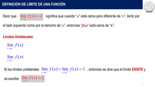 2
DEFINICIÓN DE LÍMITE DE UNA FUNCIÓN
Decir que significa que cuando “x” está cerca pero diferente de “c”, tanto por
el lado izquierdo como por el derecho de “c”, entonces “f(x)” está cerca de “L”.
lim ( )
x c
f x L


Límites Unilaterales
lim ( )
x c
f x


lim ( )
x c
f x


Si los límites unilaterales , entonces se dice que el límite EXISTE y
se escribe:
lim ( ) lim ( )
x c x c
L
f x f x
 
 
 
lim ( )
x c
f x L


 