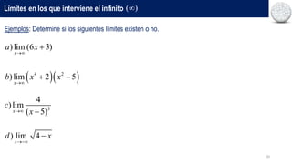 20
Ejemplos: Determine si los siguientes límites existen o no.
)lim (6 3)
x
a x


  
4 2
)lim 2 5
x
b x x

 
3
4
)lim
( 5)
x
c
x
 
) lim 4
x
d x


Límites en los que interviene el infinito ( )

 