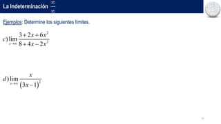 22
La Indeterminación


Ejemplos: Determine los siguientes límites.
2
2
3 2 6
)lim
8 4 2
x
x x
c
x x

 
 
 
2
)lim
3 1
x
x
d
x


 