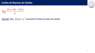 27
Límites de Razones de Cambio
0
( ) ( )
lim
h
f x h f x
h

 
Ejemplo: Sea , encuentre el límite de razón de cambio.
2
( )
f x x

 