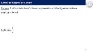 28
Ejemplos: Evalúe el límite de razón de cambio para cada una de las siguientes funciones.
Límites de Razones de Cambio
) ( ) 3 4
a f x x
 
1
) ( )
b f x
x

 