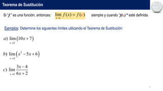 8
Teorema de Sustitución
lim ( ) ( )
x c
f x c
f


Si “f ” es una función, entonces: siempre y cuando “f(c)” esté definida.
Ejemplos: Determine los siguientes límites utilizando el Teorema de Sustitución:
 
5
) lim 10 7
x
a x


 
2
3
) lim 5 6
x
b x x

 
1
3 4
) lim
6 2
x
x
c
x



 
