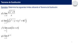 9
Teorema de Sustitución
Ejemplos: Determine los siguientes límites utilizando el Teorema de Sustitución:
2
4
9
) lim
x
x
d
x


 
2 2 2
5
1
) lim ( 4)
y
e y y y

  
 
2
) lim 2
x
f sen x




2
2
) lim 5x
x
g 

 