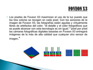  Los pixeles de Foveon X3 maximizan el uso de la luz puesto que
los tres colores se recogen en cada pixel. Con los sensores de la
imagen de Foveon X3, las fotografías están agudas y virtualmente
libres de artefactos del color. "el detalle y el color fotográficos que
se puede alcanzar con esta tecnología es sin igual," "pixel por píxel
las cámaras fotográficas digitales basadas en Foveon X3 entregará
imágenes de la más de alta calidad que cualquier otro sensor de
imagen."
 