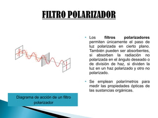Diagrama de acción de un filtro
polarizador
 Los filtros polarizadores
permiten únicamente el paso de
luz polarizada en cierto plano.
También pueden ser absorbentes,
si absorben la radiación no
polarizada en el ángulo deseado o
de división de haz, si dividen la
luz en un haz polarizado y otro no
polarizado.
 Se emplean polarímetros para
medir las propiedades ópticas de
las sustancias orgánicas.
 