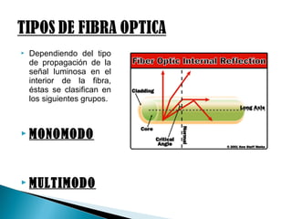  Dependiendo del tipo
de propagación de la
señal luminosa en el
interior de la fibra,
éstas se clasifican en
los siguientes grupos.
 MONOMODO
 MULTIMODO
 