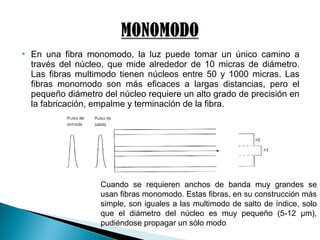  En una fibra monomodo, la luz puede tomar un único camino a
través del núcleo, que mide alrededor de 10 micras de diámetro.
Las fibras multimodo tienen núcleos entre 50 y 1000 micras. Las
fibras monomodo son más eficaces a largas distancias, pero el
pequeño diámetro del núcleo requiere un alto grado de precisión en
la fabricación, empalme y terminación de la fibra.
Cuando se requieren anchos de banda muy grandes se
usan fibras monomodo. Estas fibras, en su construcción más
simple, son iguales a las multimodo de salto de índice, solo
que el diámetro del núcleo es muy pequeño (5-12 μm),
pudiéndose propagar un sólo modo
 