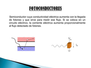 Semiconductor cuya conductividad eléctrica aumenta con la llegada
de fotones y que sirve para medir ese flujo. Si se coloca en un
circuito eléctrico, la corriente eléctrica aumenta proporcionalmente
al flujo detectado de fotones.
 
