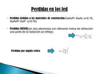  Perdidas debidas a los materiales de construcción(GaAsP/ GaAs η=0.15,
GaAsP/ GaP η=0.76).
 Perdidas FRESNEL(en dos elementos con diferente índice de refracción
una parte de la radiación se refleja).
Pérdidas por ángulo crítico
 