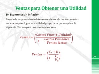 Ventas para Obtener una UtilidadEn Economía sin Inflación:Cuando la empresa desea determinar el valor de las ventas netas necesarias para lograr una utilidad proyectada, podrá aplicar la siguiente fórmula para una economía normal𝑉𝑒𝑛𝑡𝑎𝑠=𝐶𝑜𝑠𝑡𝑜𝑠 𝐹𝑖𝑗𝑜𝑠+𝑈𝑡𝑖𝑙𝑖𝑑𝑎𝑑1− 𝐶𝑜𝑠𝑡𝑜𝑠 𝑉𝑎𝑟𝑖𝑎𝑏𝑙𝑒𝑠𝑉𝑒𝑛𝑡𝑎𝑠 𝑁𝑒𝑡𝑎𝑠𝑉𝑒𝑛𝑡𝑎𝑠=𝐶𝑓+𝑈1− 𝐶𝑣𝑉𝑛 20