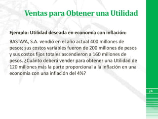 Ventas para Obtener una UtilidadEjemplo: Utilidad deseada en economía con inflación:BASTAYA, S.A. vendió en el año actual 400 millones de pesos; sus costos variables fueron de 200 millones de pesos y sus costos fijos totales ascendieron a 160 millones de pesos. ¿Cuánto deberá vender para obtener una Utilidad de 120 millones más la parte proporcional a la inflación en una economía con una inflación del 4%?24