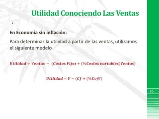 Utilidad Conociendo Las VentasEn Economía sin inflación:Para determinar la utilidad a partir de las ventas, utilizamos el siguiente modelo𝑼𝒕𝒊𝒍𝒊𝒅𝒂𝒅=𝑽𝒆𝒏𝒕𝒂𝒔 − 𝑪𝒐𝒔𝒕𝒐𝒔 𝑭𝒊𝒋𝒐𝒔+%𝑪𝒐𝒔𝒕𝒐𝒔 𝒗𝒂𝒓𝒊𝒂𝒃𝒍𝒆𝒔𝑽𝒆𝒏𝒕𝒂𝒔𝑼𝒕𝒊𝒍𝒊𝒅𝒂𝒅=𝑽−(𝑪𝒇+%𝑪𝒗)𝑽 26