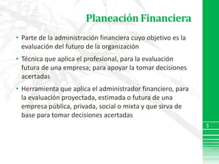 Planeación FinancieraParte de la administración financiera cuyo objetivo es la evaluación del futuro de la organizaciónTécnica que aplica el profesional, para la evaluación futura de una empresa; para apoyar la tomar decisiones acertadasHerramienta que aplica el administrador financiero, para la evaluación proyectada, estimada o futura de una empresa pública, privada, social o mixta y que sirva de base para tomar decisiones acertadas3