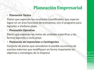 Planeación Empresarial7Planeación Táctica Planes que expresan los resultados cuantificables que esperan lograr en un área funcional de la empresa; con el programa para lograrlos a mediano plazoPlaneación Operativa Planes que expresan las metas de unidades especificas y las formas lograrlos a corto plazoPlaneación de Imprevistos o ContingentesConjunto de planes que consideran la posible ocurrencia de eventos externos que modifiquen en forma importante los objetivos y estrategias de la Empresa