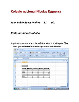 Colegio nacional Nicolas Esguerra


Juan Pablo Reyes Muñoz            31      901


Profesor: Jhon Caraballo


1. primero hacemos una lista de las materias y luego 4 filas
   mas que representaran los 4 periodos academicos.
 