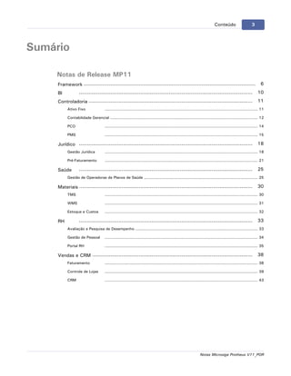 3                                                                                                                        Conteúdo                     3




Sumário

     Notas de Release MP11
     Framework..............................................................................................................                                  6
     BI           ..............................................................................................................                            10
              ..............................................................................................................
     Controladoria                                                                                                                                          11
          Ativo Fixo                 ......................................................................................................................... 11

          Contabilidade Gerencial
                              ......................................................................................................................... 12

          PCO                        ......................................................................................................................... 14

          PMS                        ......................................................................................................................... 15

     Jurídico ..............................................................................................................                                18
          Gestão Jurídica            ......................................................................................................................... 18

          Pré-Faturamento            ......................................................................................................................... 21

     Saúde        ..............................................................................................................                            25
          Gestão de Operadoras de Planos de Saúde
                             ......................................................................................................................... 25

     Materiais ..............................................................................................................                               30
          TMS                        ......................................................................................................................... 30

          WMS                        ......................................................................................................................... 31

          Estoque e Custos           ......................................................................................................................... 32

     RH           ..............................................................................................................                            33
          Avaliação e Pesquisa ......................................................................................................................... 33
                                de Desempenho

          Gestão de Pessoal          ......................................................................................................................... 34

          Portal RH                  ......................................................................................................................... 35

     Vendas e ..............................................................................................................
               CRM                                                                                                                                          38
          Faturamento                ......................................................................................................................... 38

          Controle de Lojas          ......................................................................................................................... 39

          CRM                        ......................................................................................................................... 43




                                                                                                               Notas Microsiga Protheus V11_POR
 