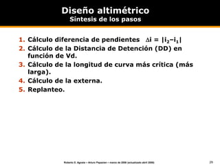 29
Roberto D. Agosta – Arturo Papazian – marzo de 2006 (actualizado abril 2008)
Diseño altimétrico
Síntesis de los pasos
1. Cálculo diferencia de pendientes i = |i2–i1|
2. Cálculo de la Distancia de Detención (DD) en
función de Vd.
3. Cálculo de la longitud de curva más crítica (más
larga).
4. Cálculo de la externa.
5. Replanteo.
 