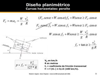 32
Roberto D. Agosta – Arturo Papazian – marzo de 2006 (actualizado abril 2008)
VD en km/h
R en metros
fT = coeficiente de fricción transversal
fT = f (VD ) ≈ 0,13 (100 km/h).
Diseño planimétrico
Curvas horizontales: peralte



 cos
.
)
cos
.
.
( C
T
C F
Wsen
f
W
sen
F 





 cos
.
.
cos
.
.
. C
T
T
C F
Wsen
f
W
f
sen
F 


R
v
g
W
a
m
F D
C
C
2
.
. 



 cos
.
.
.
cos
.
2
R
v
g
W
Wsen
f
W D
T 

R
g
v
f D
T
.
tan
2

 
R
V
f
p D
T
*
127
2


 