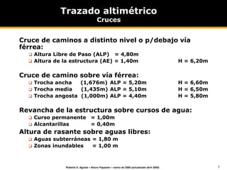 7
Roberto D. Agosta – Arturo Papazian – marzo de 2006 (actualizado abril 2008)
Trazado altimétrico
Cruces
Cruce de caminos a distinto nivel o p/debajo vía
férrea:
 Altura Libre de Paso (ALP) = 4,80m
 Altura de la estructura (AE) = 1,40m H = 6,20m
Cruce de camino sobre vía férrea:
 Trocha ancha (1,676m) ALP = 5,20m H = 6,60m
 Trocha media (1,435m) ALP = 5,10m H = 6,50m
 Trocha angosta (1,000m) ALP = 4,40m H = 5,80m
Revancha de la estructura sobre cursos de agua:
 Curso permanente = 1,00m
 Alcantarillas = 0,40m
Altura de rasante sobre aguas libres:
 Aguas subterráneas = 1,80 m
 Zonas inundables = 1,00 m
 