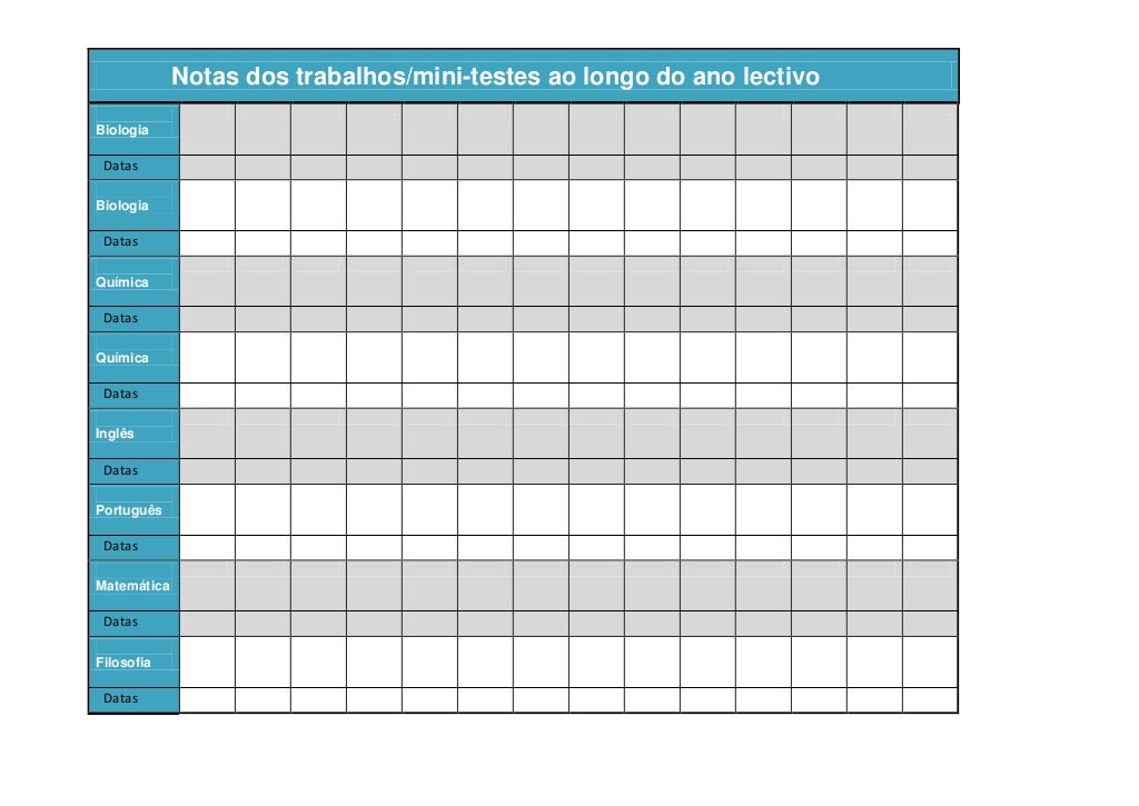 Tabela De Notas Escolares Para Preencher
