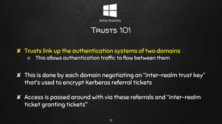 Trusts 101
✘ Trusts link up the authentication systems of two domains
○ This allows authentication traffic to flow between them
✘ This is done by each domain negotiating an “inter-realm trust key”
that’s used to encrypt Kerberos referral tickets
✘ Access is passed around with via these referrals and “inter-realm
ticket granting tickets"
17
 