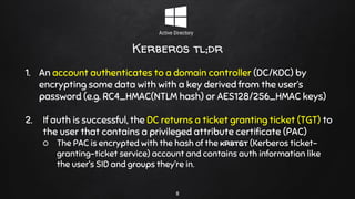 Kerberos tl;dr
1. An account authenticates to a domain controller (DC/KDC) by
encrypting some data with with a key derived from the user’s
password (e.g. RC4_HMAC(NTLM hash) or AES128/256_HMAC keys)
2. If auth is successful, the DC returns a ticket granting ticket (TGT) to
the user that contains a privileged attribute certificate (PAC)
○ The PAC is encrypted with the hash of the krbtgt (Kerberos ticket-
granting-ticket service) account and contains auth information like
the user’s SID and groups they’re in.
8
 