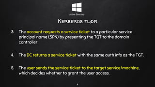 Kerberos tl;dr
3. The account requests a service ticket to a particular service
principal name (SPN) by presenting the TGT to the domain
controller
4. The DC returns a service ticket with the same auth info as the TGT.
5. The user sends the service ticket to the target service/machine,
which decides whether to grant the user access.
9
 