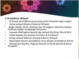 ii. Pentadbiran Wilayah
•     Di bawah pentadbiran pusat yang terdiri daripada negeri-negeri
•     Setiap wilayah diketuai Gabenor Wilayah
• Negeri Kedah, Perlis, Kelantan dan Terengganu diberikan kepada
    Thailand sebagai menghargai kerjasama
•     Sarawak dibahagikan kepada tiga wilayah (Kuching, Sibu & Miri)
•     Sabah kepada dua wilayah (Jesselton & Sandakan)
•     Setiap wilayah diketuai seorang Gabenor Wilayah
•     Diperingkat daerah pentadbiran sama dengan pentadbiran British
•     Mempunyai Residen, Pegawai Daerah (15 buah daerah) & Ketua
    Tempatan
 