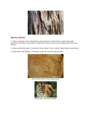 Apa Itu Jalinan
1. Jalinan merupakan kesan yang terdapat pada permukaan sesuatu benda, seperti kesan pada
permukaan kulit durian, kulit rambutan, tapak kasut, kulit kayu, bulu kucing, belang pada harimau dan
lain-lain.
2. Jalinan pada benda buatan manusia dan benda ciptaan Tuhan memberi kesan tampak yang berbeza.
3. Setiap objek yang berjalinan, mempunyai fungsi dan nilai-nilai yang tersendiri.
jalinan pada keratan rentas batang pokok
jalinan pada kulit harimau belang
 