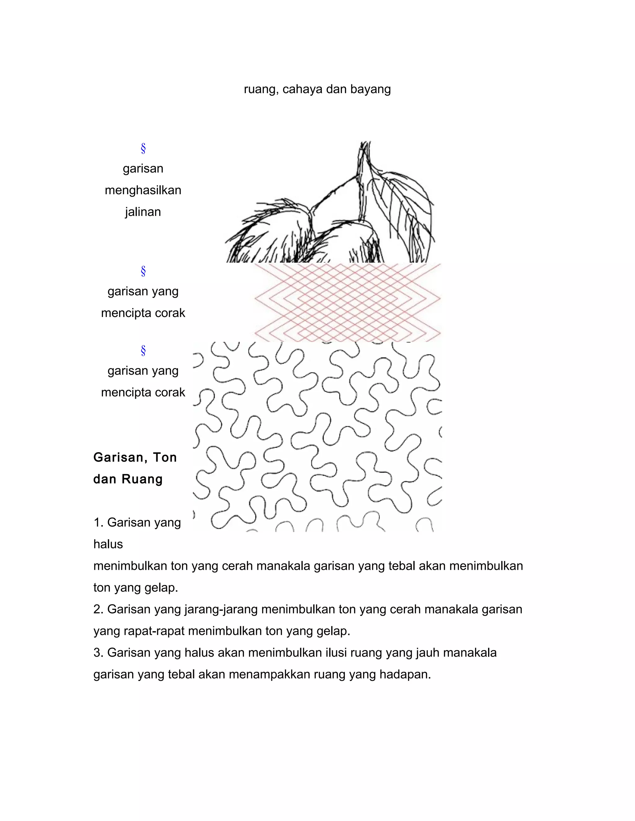 ruang, cahaya dan bayang
§
garisan
menghasilkan
jalinan
§
garisan yang
mencipta corak
§
garisan yang
mencipta corak
Garisan, Ton
dan Ruang
1. Garisan yang
halus
menimbulkan ton yang cerah manakala garisan yang tebal akan menimbulkan
ton yang gelap.
2. Garisan yang jarang-jarang menimbulkan ton yang cerah manakala garisan
yang rapat-rapat menimbulkan ton yang gelap.
3. Garisan yang halus akan menimbulkan ilusi ruang yang jauh manakala
garisan yang tebal akan menampakkan ruang yang hadapan.
 