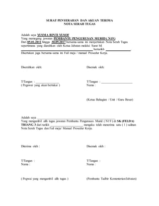 SURAT PENYERAHAN DAN AKUAN TERIMA
NOTA SERAH TUGAS
Adalah saya YUSMA BINTI YUSOF
Yang memegang jawatan PEMBANTU PENGURUSAN MURID ( N19 )
Dari 05.01.2011 hingga 30.09.2017 bersama-sama ini menyertakan Nota Serah Tugas
sepertimana yang diarahkan oleh Ketua Jabatan melalui Surat bil
______________________________________________ bertarikh ________________.
Disertakan juga bersama-sama ini Fail meja / manual Prosedur Kerja.
Diserahkan oleh: Disemak oleh:
T/Tangan : _______________ T/Tangan : ____________________
( Pegawai yang akan bertukar ) Nama :
(Ketua Bahagian / Unit / Guru Besar)
Adalah saya __________________________________________________
Yang mengambil alih tugas jawatan Pembantu Pengurusan Murid ( N19 ) di SK (FELDA)
TRIANG 3 dari tarikh _____________________ mengaku telah menerima satu ( 1 ) salinan
Nota Serah Tugas dan Fail meja/ Manual Prosedur Kerja.
Diterima oleh : Disemak oleh :
T/Tangan : T/Tangan :
Nama : Nama :
( Pegwai yang mengambil alih tugas ) (Pembantu Tadbir Kementerian/Jabatan)
 