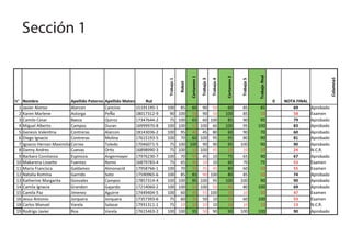 Sección 1




                                                                                                                                                               Trabajo ﬁnal
                                                                                                 Certamen 1




                                                                                                                                      Certamen 2




                                                                                                                                                                                                          Columna1
                                                                                                              Trabajo 3

                                                                                                                          Trabajo 4
                                                                             Trabajo 1




                                                                                                                                                   Trabajo 5
                                                                                         Robot
N°    Nombre                  Apellido Paterno   Apellido Materno Rut                                                                                                         0   NOTA FINAL
  1   Javier Alonso           Alarcon            Cancino        15191195-1   100          85 60 90 50                                  60           85          85                   69        Aprobado
  2   Karen Marlene           Astorga            PeÑa           18017312-9    90         100 50 90 50                                 100           85          10                   58        Examen
  3   Camilo Cesar            Baeza              Quiroz         17347644-2    75         100 65 60 100                                 85           90          95                   79        Aprobado
  4   Miguel Alberto          Campos             Duran          16999970-8   100         100 55 100 60                                100           95         100                   83        Aprobado
  5   Genesis Valentina       Contreras          Alarcon        18143036-2   100          95 40 45 80                                  60           90          70                   60        Aprobado
  6   Diego Ignacio           Contreras          Molina         17615193-5   100          70 60 100 95                                 95           80          90                   81        Aprobado
  7   Ignacio Hernan Maximilian
                              Correa             Toledo         17046071-5    75         100 100 90 90                                 95          100          90                   90        Aprobado
  8   Danny Andres            Cuevas             Ortiz          16898990-3    75         100 10 100 45                                 10           10          10                   24        N.C.R.
  9   Barbara Constanza       Espinoza           Angermayer     17976230-7   100          70 55 45 10                                  75           65          90                   67        Aprobado
 10   Makarena Lissette       Fuentes            Romo           16879783-4    75          65 40 10 10                                  60           70          75                   53        Examen
 11   Maria Francisca         Galdames           Almonacid      17958766-1   100          70 35 35 45                                  80           60          50                   55        Examen
 12   Natalia Romina          Garrido            Soto           17590965-6   100          85 85 90 100                                 80           85          50                   74        Aprobado
 13   Katherine Margarita     Gonzalez           Campos         17857314-4   100         100 85 100 95                                100          100          90                   90        Aprobado
 14   Camila Ignacia          Grandon            Gajardo        17214060-2   100         100 55 100 50                                 45           80         100                   69        Aprobado
 15   Camila Paz              Jimenez            Aguirre        17449404-5   100          60 45 55 100                                 30           10          50                   47        Examen
 16   Jesus Antonio           Jorquera           Jorquera       17357393-6    75          60 35 50 10                                  35           60         100                   53        Examen
 18   Carlos Manuel           Varela             Salazar        17931311-1    75          10 10 10 10                                  10           10          10                   13        N.C.R.
 19   Rodrigo Javier          Roa                Varela         17615463-2   100         100 95 50 90                                  90          100         100                   90        Aprobado
 