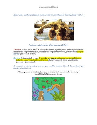 www.descubrelabiblia.org



Abajo vemos una fotografía de un monstruo marino encontrado en Nueva Zelanda en 1977.




                   Leviatán, criatura marítima gigante. (Job 41)

Isa 27:1 Aquel día el SEÑOR castigará con su espada feroz, grande y poderosa,
a Leviatán, serpiente huidiza, a Leviatán, serpiente tortuosa, y matará al dragón
(tanin) que vive en el mar.

Rev 12:9 Y fue arrojado el gran dragón, la serpiente antigua que se llama el diablo y
   Satanás, el cual engaña al mundo entero; fue arrojado a la tierra y sus ángeles
   fueron arrojados con él.

De acuerdo a estos pasajes, tenemos que cambiar nuestra idea de la serpiente que
aparece en génesis 3:1

    Y la serpiente era más astuta que cualquiera de los animales del campo
                       que el SEÑOR Dios había hecho.
 