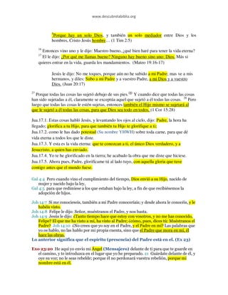 www.descubrelabiblia.org



            5
             Porque hay un solo Dios, y también un solo mediador entre Dios y los
            hombres, Cristo Jesús hombre… (1 Tim 2:5)
     16
       Entonces vino uno y le dijo: Maestro bueno, ¿qué bien haré para tener la vida eterna?
     17
       El le dijo: ¿Por qué me llamas bueno? Ninguno hay bueno sino uno: Dios. Más si
     quieres entrar en la vida, guarda los mandamientos. (Mateo 19:16-17)

            Jesús le dijo: No me toques, porque aún no he subido a mi Padre; mas ve a mis
            hermanos, y diles: Subo a mi Padre y a vuestro Padre, a mi Dios y a vuestro
            Dios. (Juan 20:17)
27
  Porque todas las cosas las sujetó debajo de sus pies.(H) Y cuando dice que todas las cosas
han sido sujetadas a él, claramente se exceptúa aquel que sujetó a él todas las cosas. 28 Pero
luego que todas las cosas le estén sujetas, entonces también el Hijo mismo se sujetará al
que le sujetó a él todas las cosas, para que Dios sea todo en todos. (1 Cor 15:28)

Jua.17.1. Estas cosas habló Jesús, y levantando los ojos al cielo, dijo: Padre, la hora ha
llegado; glorifica a tu Hijo, para que también tu Hijo te glorifique a ti;
Jua.17.2. como le has dado potestad (Su nombre YHWH) sobre toda carne, para que dé
vida eterna a todos los que le diste.
Jua.17.3. Y esta es la vida eterna: que te conozcan a ti, el único Dios verdadero, y a
Jesucristo, a quien has enviado.
Jua.17.4. Yo te he glorificado en la tierra; he acabado la obra que me diste que hiciese.
Jua.17.5. Ahora pues, Padre, glorifícame tú al lado tuyo, con aquella gloria que tuve
contigo antes que el mundo fuese.

Gal 4:4 Pero cuando vino el cumplimiento del tiempo, Dios envió a su Hijo, nacido de
    mujer y nacido bajo la ley,
Gal 4:5 para que redimiese a los que estaban bajo la ley, a fin de que recibiésemos la
    adopción de hijos.

Joh 14:7 Si me conocieseis, también a mi Padre conoceríais; y desde ahora le conocéis, y le
   habéis visto.
Joh 14:8 Felipe le dijo: Señor, muéstranos el Padre, y nos basta.
Joh 14:9 Jesús le dijo: ¿Tanto tiempo hace que estoy con vosotros, y no me has conocido,
   Felipe? El que me ha visto a mí, ha visto al Padre; ¿cómo, pues, dices tú: Muéstranos el
   Padre? Joh 14:10 ¿No crees que yo soy en el Padre, y el Padre en mí? Las palabras que
   yo os hablo, no las hablo por mi propia cuenta, sino que el Padre que mora en mí, él
   hace las obras.
Lo anterior significa que el espíritu (presencia) del Padre está en el. (Ex 23)

Exo 23:20 He aquí yo envío mi Ángel (Mensajero) delante de ti para que te guarde en
   el camino, y te introduzca en el lugar que yo he preparado. 21 Guárdate delante de él, y
   oye su voz; no le seas rebelde; porque él no perdonará vuestra rebelión, porque mi
   nombre está en él.
 