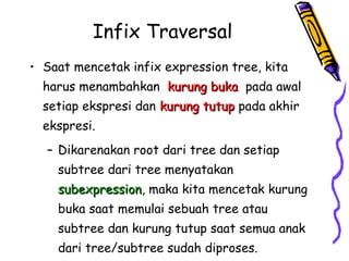Infix Traversal
• Saat mencetak infix expression tree, kita
harus menambahkan kurung bukakurung buka pada awal
setiap ekspresi dan kurung tutupkurung tutup pada akhir
ekspresi.
– Dikarenakan root dari tree dan setiap
subtree dari tree menyatakan
subexpressionsubexpression, maka kita mencetak kurung
buka saat memulai sebuah tree atau
subtree dan kurung tutup saat semua anak
dari tree/subtree sudah diproses.
 